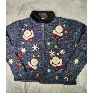 Designers Originals Christmas Sweater Womens M Blue Zip Fur Collar Santa Teacher